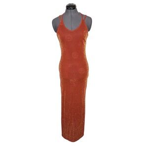 Vtg 90s Y2K Metallic Maxi Dress Glam Prom Homecoming Sparkly Orange DAMAGED S